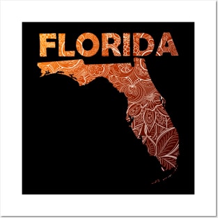 Colorful mandala art map of Florida with text in brown and orange Posters and Art